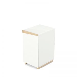 Minimalistyczny kontenerek podbiurkowy, szafka pod biurko lub szafka nocna. Biel wykończona litym drewnem