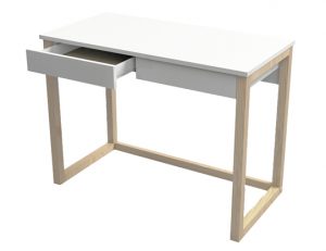 Biurko z dwiema szufladami w skandynawskim, minimalistycznym stylu. Bardzo funkcjonalne białe biurko ze stelażem z drewna naturalnego
