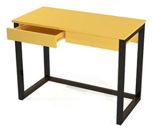 Kolorowe biurko z dwiema szufladami. Minimalistyczny design, szeroka paleta kolorów. Biurko z kolorze żółtym na czarnym, drewnianym stelażu.  