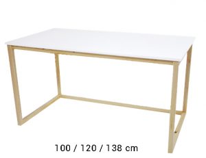 Minimalistyczne biurka z białym blatem na drewnianym stelażu, trzy rozmiary
