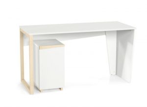 Zestaw z biurkiem w skandynawskim stylu wraz z kontenerem, szafeczką na dokumenty. Połączenie bieli i naturalnego drewna sosnowego. 